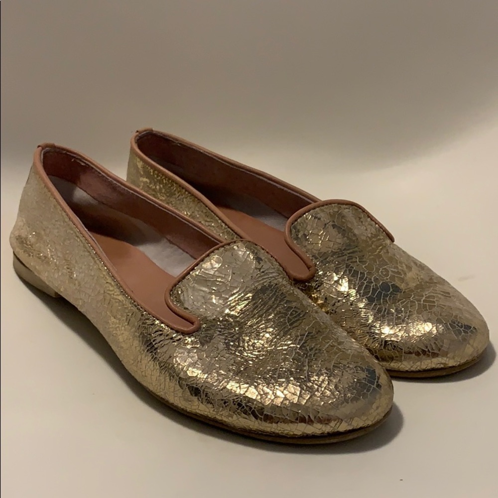 Miz Mooz Gold Metallic Cracked Leather Loafers
